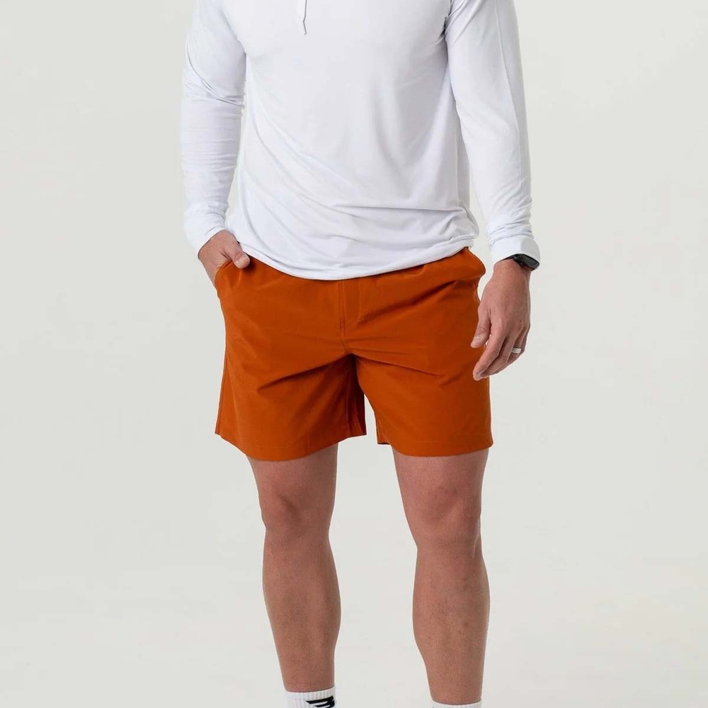 Burlebo Mens Performance Everyday Shorts Orange Camo Pocket Stretch Size Large